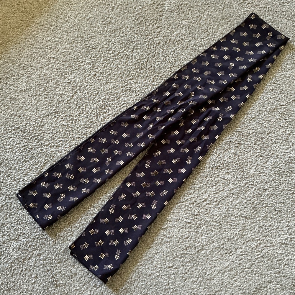 Blue Neck Scarf With Tan Geometric Patterns Squares and Dots - Picture 2 of 5